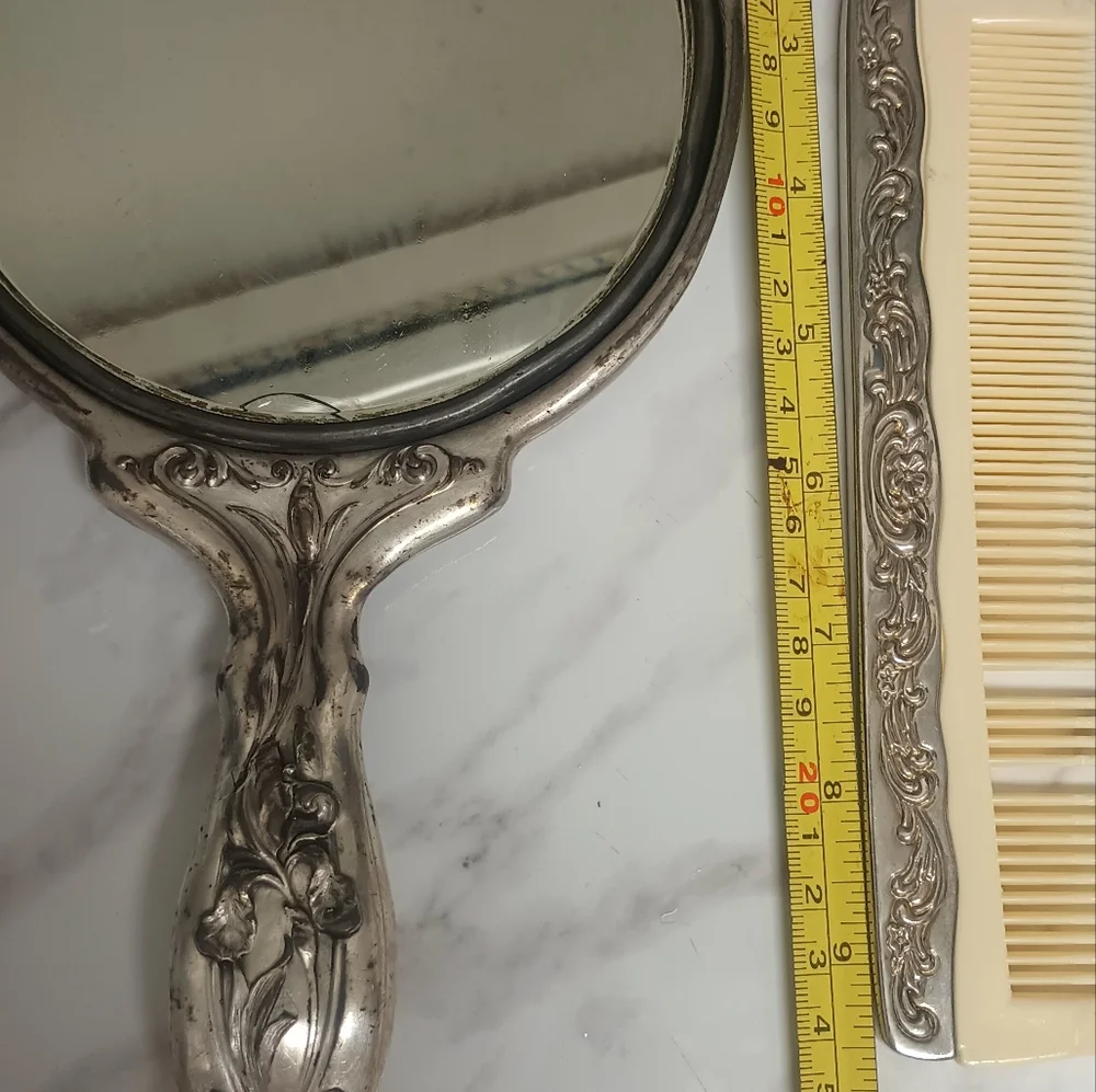 Antique Art Nouveau Sterling Silver Hand Mirror & Comb